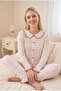 Women's Cotton Red Heart Patterned Pajama Set Long Sleeve Front Buttoned Baby Embroidery Collar Ruffle Detailed - 4