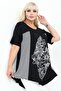 Asymmetrical Cut Print and Stone Detailed Line Combination Crew Neck Short Sleeve Plus Size Tunic - 2