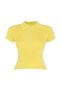 Women's Polo Neck Floral Buttoned Ribbed Short Sleeve Knitwear Blouse