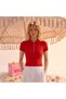 Women's Polo Neck Floral Buttoned Ribbed Short Sleeve Knitwear Blouse