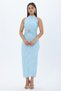 Women's Baby Blue Flock Print Halter Neck Gold Belt Detailed Midi Length Dress Nbmy4023