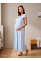 New Season Blue Lace Detailed Design with Easy Breastfeeding Feature Short Sleeve 100% Cotton Maternity Nightgown - 7