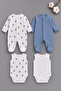 E4 Piece 100% Cotton Teddy Bear Patterned & Striped Baby Romper Set – Blue-White (0-3 Months) Seasonal - 2