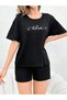 Women's Black Love Printed Oversize Shorts Set - 6