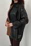 Women's Black Shirt with Snap Fasteners, Faux Leather Trim, Color Block, Long Sleeves - 4