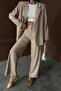Women's Beige Jacket-Pants Set Striped Jacket Pants Set Jacket Collar Lined Wide Leg Woven - 6