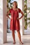Brick Color Pool Collar Low Sleeve Pocketed Robe and Woven Dress with Embroidery on the Sides 95 55 - 3
