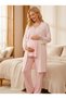 New Season Pink Striped Stylish Lace Detailed Design Buttoned Short Sleeve 100% Cotton Maternity Maternity Dressing Gown Pajama Set - 2
