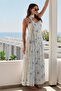 Blue Scarf Detail Strappy, Flower Patterned Long Dress 3449