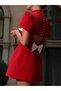Women's Short Sleeve Turtleneck Back Butterfly Low-Cut Detail Short Atlas Dress - 6