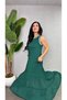 Women's Strappy Round Neck Long Viscose Two-Thread Dress with Chiffon Detail at the Hem - 4