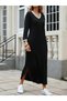 Women's Black Striped V-Neck Long Sleeve Side Slit Ribbed Knitwear Knitted Midi Dress - 2