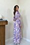 Women's Lilac Chiffon Floral Patterned Gipeli Waisted Double Breasted Collar Maxi Dress - 6