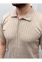 Men's Summer Knitwear Hair Knit T-Shirt Short Sleeve Polo Collar Zippered T-Shirt - Beige