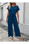 Women's Short Sleeve Round Neck Aerobin Jumpsuit with Elastic Waist and Pockets - 2