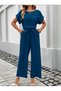 Women's Short Sleeve Round Neck Aerobin Jumpsuit with Elastic Waist and Pockets