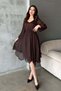 Women's Brown Shimmering V-Neck Long Balloon Sleeve Asymmetrical Midi Dress with Elastic Waist - 2