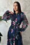 Women's Navy Blue Floral Patterned Chiffon Shirt Collar Belted Long Sleeve Maxi Dress - 3