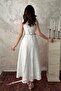 Women's Ecru Embroidered Halter Neck Belted Buttoned Midi A-Line Dress - 5