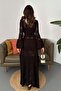 Women's Brown Maxi Knitwear Dress Openwork Knitted Patterned U-Neck Spanish Sleeve - 5