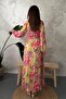 Women's Yellow Floral Patterned Pleated Belted Scarf Collar Long Dress - 5