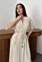 Women's Beige Maxi Dress V-Neck Short Sleeve Gathered Belted Slit - 3