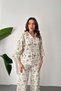 Women's Beige Shirt-Pants Set Embroidered Shirt Pants Set Wide Leg Cotton - 3