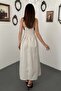 Women's Ecru Polka Dot Lace Thin Strap Square Neck Pocketed Flared Maxi Dress - 5