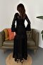 Women's Black Maxi Knitwear Dress Openwork Knitted Patterned U-Neck Spanish Sleeve - 5