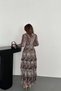Women's Leopard Patterned Pleated Lace Detailed Elastic Waist Long Shirt Dress - 6
