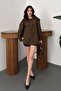 Women's Brown Shirt with Elastic Back, Cotton, Long Sleeves, Buttoned, Plain Design - 3