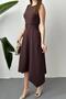Women's Brown Asymmetrical Hem Belted Midi Satin Sleeveless Dress - 4