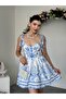 Women's Patterned Mini Dress with Straps, Sweetheart Neckline, Lace-Up, Flared Skirt - 7