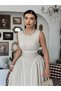 Women's Stone Linen Midi Dress Crew Neck Sleeveless Lace Striped Gathered - 5