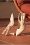Women's Beige Patent Leather Pointed Toe High Heeled Shoes with Noble Gold Accessories - 6