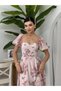 Women's Floral Pattern Pink Floral Print Chiffon Midi Dress Heart Neckline Balloon Sleeves