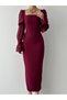 Women's Burgundy Midi Dress with Square Collar, Chiffon Balloon Sleeves and Ruffle Detail - 2