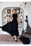 Women's Black Midi Dress Boat Neck Sleeveless Lace Embroidered Flared Cut - 6