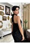 Women's Black Halter Neck Halter-Back Tulle Embroidered Backless Midi Dress - 2