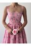 Women's Pink Floral Patterned Square Neck Strappy Pocket A-Line Midi Dress - 7