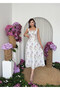 Women's White Floral Patterned Strappy Lace Detailed Bow Midi Dress - 6