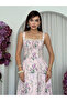 Women's Pink Floral Patterned Strappy Lace Detailed Bow Midi Dress - 3
