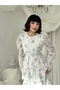 Women's Blue Chiffon Floral Patterned Layered Flounce Belted Long Dress - 5