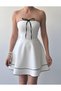 Women's White Strapless Mini Dress with Bow Detail and Contrast Piping Flared Cut - 2