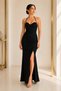 Women's Black Glitter Halter Neck Back Tie Slit Long Evening Dress - 3
