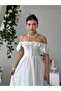 Women's White Midi Dress Square Collar Ruffled Short Sleeve Button Detail Poplin - 5