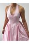 Women's Pink Halter Neck Button Detailed Backless Midi Poplin Dress - 3