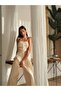 Women's Beige Top and Bottom Set Strapless Button Detailed Pocketed Vest Wide Leg Pants Set - 3