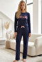 Navy Blue Patterned Cotton Lycra Knitted Pajama Set26240313 - 2