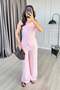 Women's Pink Bottom - Top Set Sleeveless Buttoned Blouse Pants Set High Waist Wide Leg Plain Textured - 3